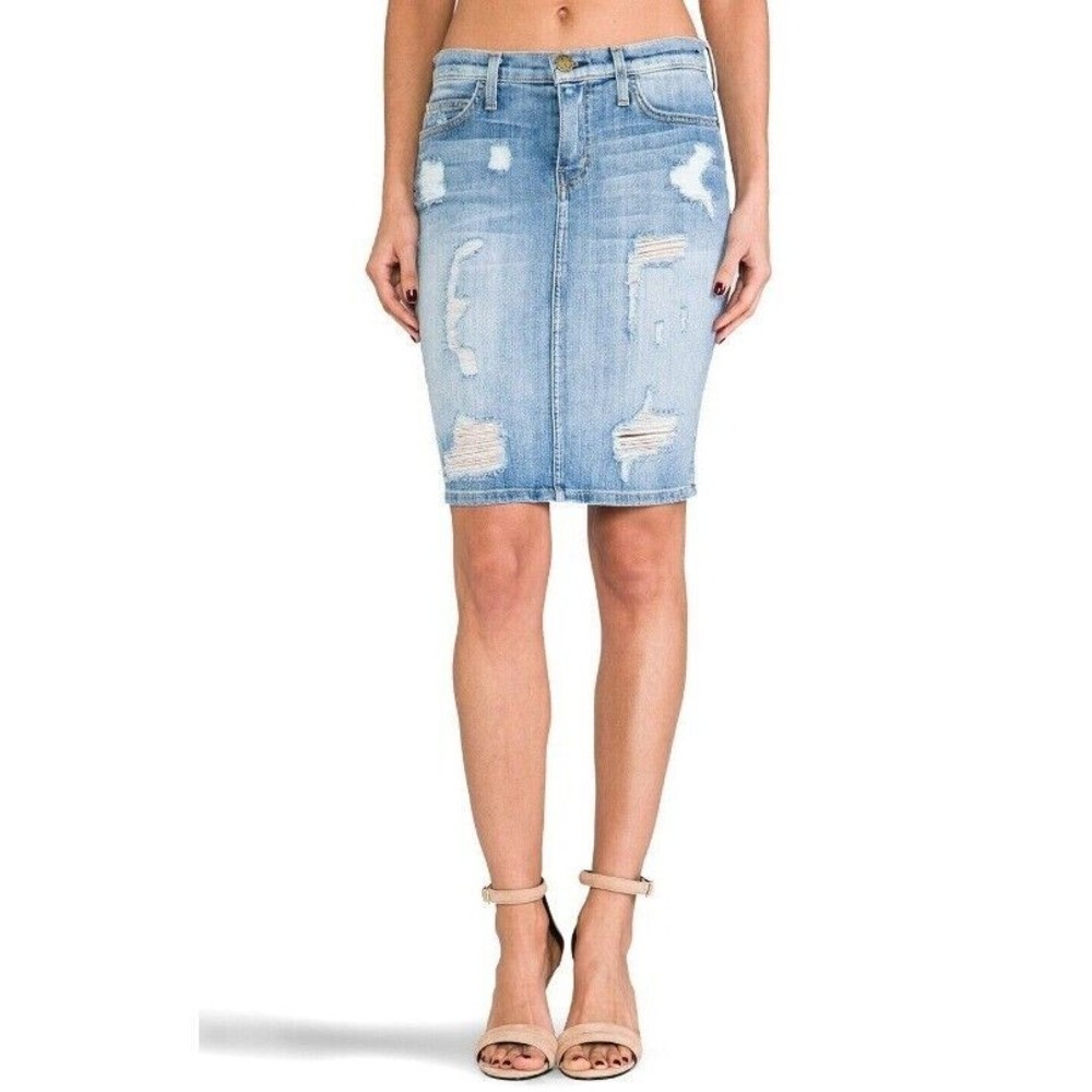 Current / Elliott Revolve Denim Skirt Size 24 / 0 The Stiletto Pencil Shredded